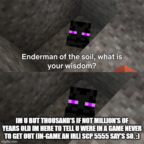 ..... | IM U BUT THOUSAND'S IF NOT MILLION'S OF YEARS OLD IM HERE TO TELL U WERE IN A GAME NEVER TO GET OUT (IN-GAME AN IRL) SCP 5555 SAY'S SO. :) | image tagged in enderman of the soil | made w/ Imgflip meme maker
