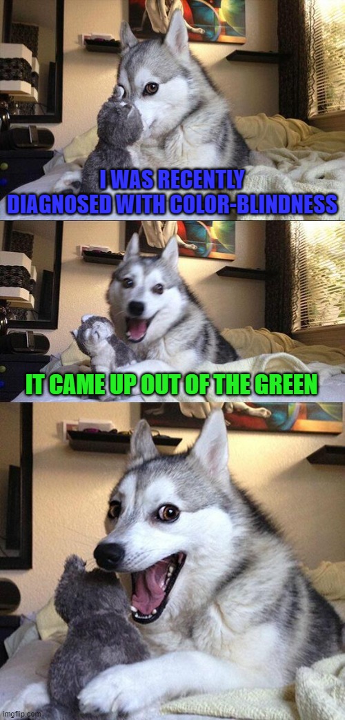I want X-ray vision! | I WAS RECENTLY DIAGNOSED WITH COLOR-BLINDNESS; IT CAME UP OUT OF THE GREEN | image tagged in memes,bad pun dog,color blind,funny,puns | made w/ Imgflip meme maker