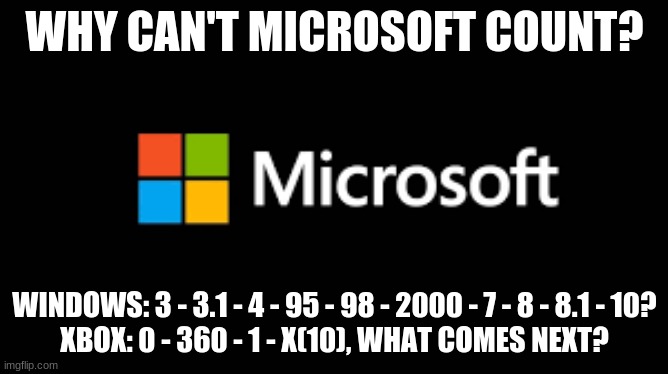 Microsoft needs to learn to count | WHY CAN'T MICROSOFT COUNT? WINDOWS: 3 - 3.1 - 4 - 95 - 98 - 2000 - 7 - 8 - 8.1 - 10?
XBOX: 0 - 360 - 1 - X(10), WHAT COMES NEXT? | image tagged in microsoft | made w/ Imgflip meme maker