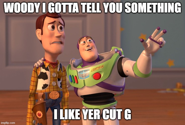 X, X Everywhere | WOODY I GOTTA TELL YOU SOMETHING; I LIKE YER CUT G | image tagged in memes,x x everywhere | made w/ Imgflip meme maker