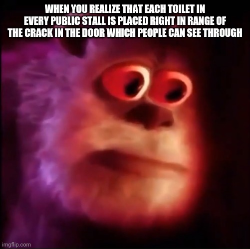 Disturbing fact about public stalls | WHEN YOU REALIZE THAT EACH TOILET IN EVERY PUBLIC STALL IS PLACED RIGHT IN RANGE OF THE CRACK IN THE DOOR WHICH PEOPLE CAN SEE THROUGH | image tagged in monster inc,toilet,bathroom,facts | made w/ Imgflip meme maker