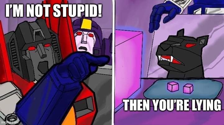 He’s either lying or he’s stupid | I’M NOT STUPID! THEN YOU’RE LYING | image tagged in transformer yells at cat,starscream,ravage,transformers | made w/ Imgflip meme maker