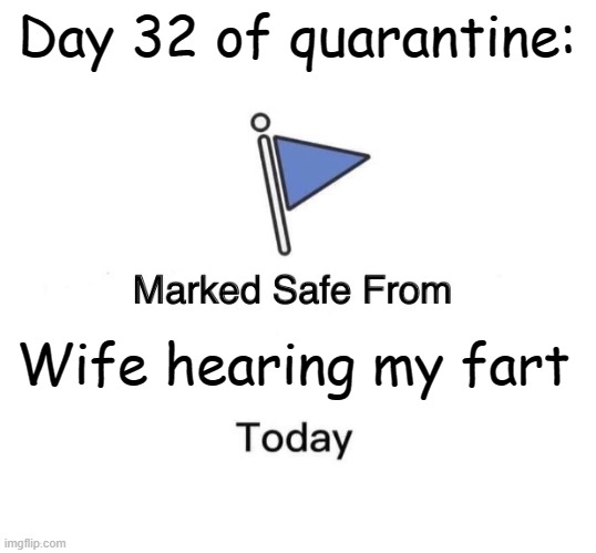 I'm in quarantine... | Day 32 of quarantine:; Wife hearing my fart | image tagged in memes,marked safe from | made w/ Imgflip meme maker