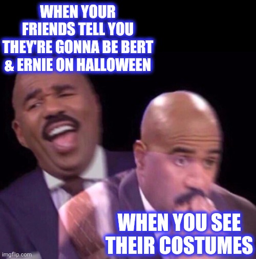 Steve Harvey Laughing Serious | WHEN YOUR FRIENDS TELL YOU THEY'RE GONNA BE BERT & ERNIE ON HALLOWEEN WHEN YOU SEE THEIR COSTUMES | image tagged in steve harvey laughing serious | made w/ Imgflip meme maker