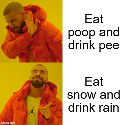 Its true | Eat poop and drink pee; Eat snow and drink rain | image tagged in memes,drake hotline bling | made w/ Imgflip meme maker