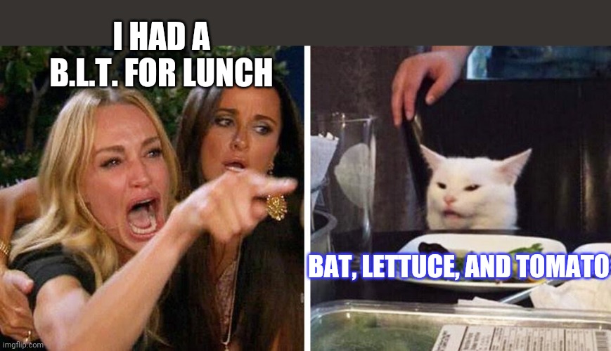 Blt | I HAD A B.L.T. FOR LUNCH; BAT, LETTUCE, AND TOMATO | image tagged in smudge the cat | made w/ Imgflip meme maker
