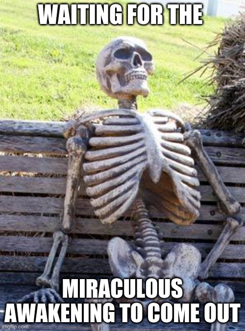 Waiting Skeleton | WAITING FOR THE; MIRACULOUS AWAKENING TO COME OUT | image tagged in memes,waiting skeleton | made w/ Imgflip meme maker
