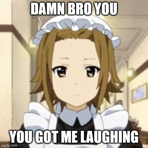 damn bro you got the whole squad laughing | DAMN BRO YOU; YOU GOT ME LAUGHING | image tagged in ritsu,meme,damn bro | made w/ Imgflip meme maker