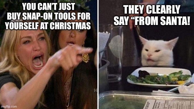 Snap-On Tools, Christmas | YOU CAN’T JUST BUY SNAP-ON TOOLS FOR YOURSELF AT CHRISTMAS; THEY CLEARLY SAY “FROM SANTA! | image tagged in angry lady cat | made w/ Imgflip meme maker