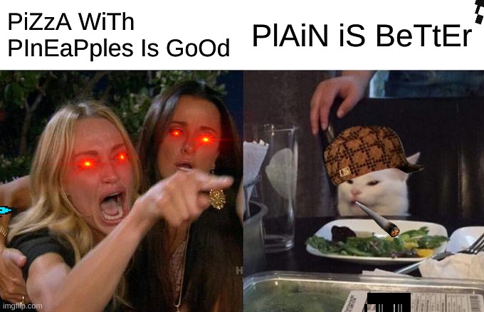 Woman Yelling At Cat | PiZzA WiTh PInEaPples Is GoOd; PlAiN iS BeTtEr | image tagged in memes,woman yelling at cat | made w/ Imgflip meme maker