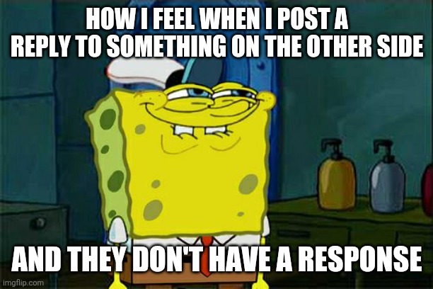 Sometimes they just have it coming. | HOW I FEEL WHEN I POST A REPLY TO SOMETHING ON THE OTHER SIDE; AND THEY DON'T HAVE A RESPONSE | image tagged in memes,don't you squidward | made w/ Imgflip meme maker