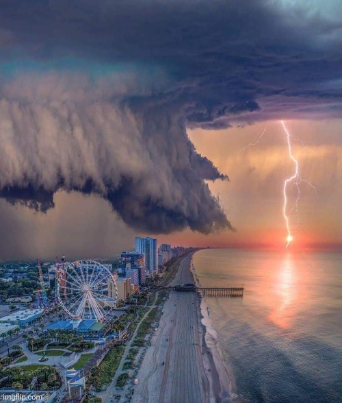 The Perfect Storm- Myrtle Beach, SC.   Photo credit: Brent Shavnor | image tagged in rain,storm,lightning,sunset,beach,awesomeness | made w/ Imgflip meme maker