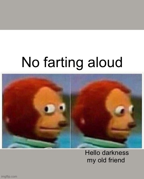Monkey Puppet | No farting aloud; Hello darkness my old friend | image tagged in memes,monkey puppet | made w/ Imgflip meme maker