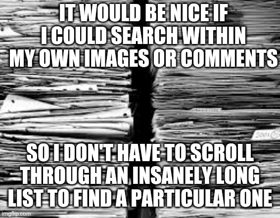I need a finer search tool. | IT WOULD BE NICE IF I COULD SEARCH WITHIN MY OWN IMAGES OR COMMENTS; SO I DON'T HAVE TO SCROLL THROUGH AN INSANELY LONG LIST TO FIND A PARTICULAR ONE | image tagged in stack of paper,imgflip,search | made w/ Imgflip meme maker