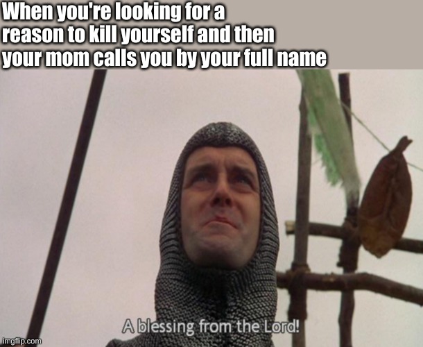 Thanks mom, you really sped up the decision process | When you're looking for a reason to kill yourself and then your mom calls you by your full name | image tagged in a blessing from the lord,suicide,monty python,that moment when | made w/ Imgflip meme maker