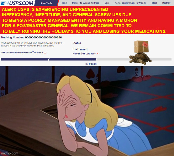 USPS - Epic Failure 2020 | ALERT: USPS IS EXPERIENCING UNPRECEDENTED INEFFICIENCY, INEPTITUDE, AND GENERAL SCREW-UPS DUE TO BEING A POORLY MANAGED ENTITY AND HAVING A MORON FOR A POSTMASTER GENERAL. WE REMAIN COMMITTED TO TOTALLY RUINING THE HOLIDAYS TO YOU AND LOSING YOUR MEDICATIONS. | image tagged in missing mail,lost mail,usps sucks,epic failure,alice face palm,usps web tracker | made w/ Imgflip meme maker