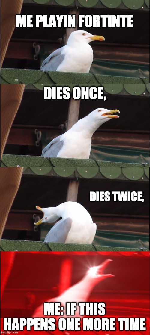 Me playin fortnite be like | ME PLAYIN FORTINTE; DIES ONCE, DIES TWICE, ME: IF THIS HAPPENS ONE MORE TIME | image tagged in memes,inhaling seagull | made w/ Imgflip meme maker