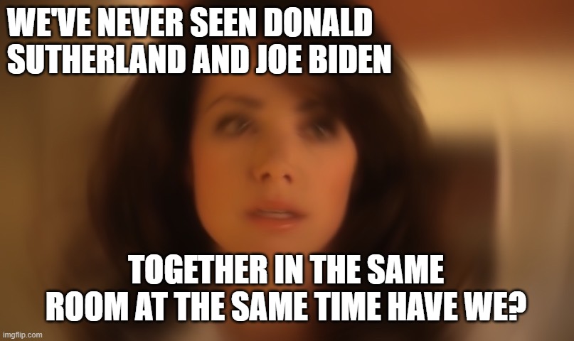 Lois Lane Blur Meme | WE'VE NEVER SEEN DONALD SUTHERLAND AND JOE BIDEN TOGETHER IN THE SAME ROOM AT THE SAME TIME HAVE WE? | image tagged in lois lane blur meme | made w/ Imgflip meme maker