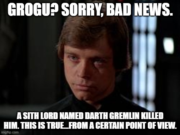From a Certain Point of View | GROGU? SORRY, BAD NEWS. A SITH LORD NAMED DARTH GREMLIN KILLED HIM. THIS IS TRUE...FROM A CERTAIN POINT OF VIEW. | image tagged in luke skywalker,bullshit,the mandalorian,baby yoda | made w/ Imgflip meme maker