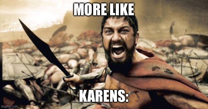 Sparta Leonidas Meme | MORE LIKE KARENS: | image tagged in memes,sparta leonidas | made w/ Imgflip meme maker