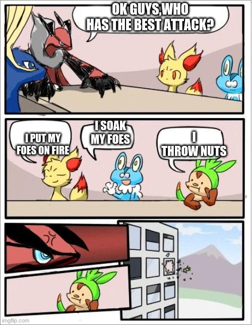 pokemon moves | OK GUYS,WHO HAS THE BEST ATTACK? I SOAK MY FOES; I PUT MY FOES ON FIRE; I THROW NUTS | image tagged in pokemon board meeting | made w/ Imgflip meme maker