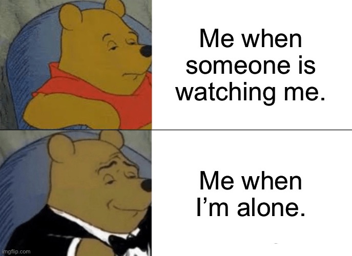 Anyone feel this way? | Me when someone is watching me. Me when I’m alone. | image tagged in memes,tuxedo winnie the pooh | made w/ Imgflip meme maker
