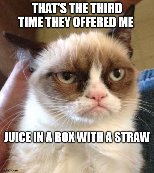 Grumpy Cat Reverse | THAT'S THE THIRD TIME THEY OFFERED ME; JUICE IN A BOX WITH A STRAW | image tagged in memes,grumpy cat reverse,grumpy cat | made w/ Imgflip meme maker
