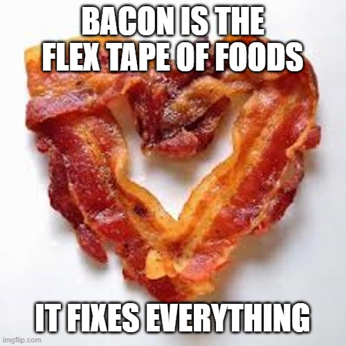 My Meme for tha Bacon Discord Challenge??? | BACON IS THE FLEX TAPE OF FOODS; IT FIXES EVERYTHING | image tagged in bacon,flex tape,food | made w/ Imgflip meme maker