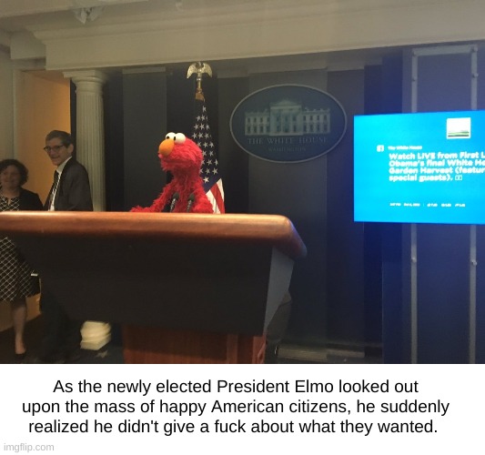 President Elmo | As the newly elected President Elmo looked out upon the mass of happy American citizens, he suddenly realized he didn't give a fuck about what they wanted. | image tagged in president,elmo,doesn't care | made w/ Imgflip meme maker