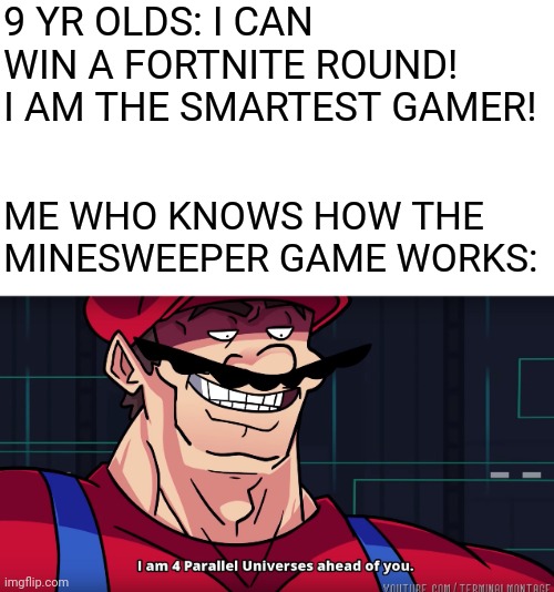A True Gamer Knows All. | 9 YR OLDS: I CAN WIN A FORTNITE ROUND! I AM THE SMARTEST GAMER! ME WHO KNOWS HOW THE MINESWEEPER GAME WORKS: | image tagged in mario i am four parallel universes ahead of you,fortnite sucks,minesweeper | made w/ Imgflip meme maker