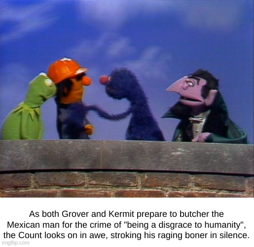 As both Grover and Kermit prepare to butcher the Mexican man for the crime of "being a disgrace to humanity", the Count looks on in awe, stroking his raging boner in silence. | image tagged in racist,grover,kermit,the count | made w/ Imgflip meme maker