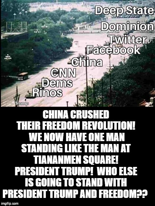 Who else is going to stand with President Trump and Freedom?? | CHINA CRUSHED THEIR FREEDOM REVOLUTION!  WE NOW HAVE ONE MAN STANDING LIKE THE MAN AT TIANANMEN SQUARE! PRESIDENT TRUMP!  WHO ELSE IS GOING TO STAND WITH PRESIDENT TRUMP AND FREEDOM?? | image tagged in trump,freedom | made w/ Imgflip meme maker