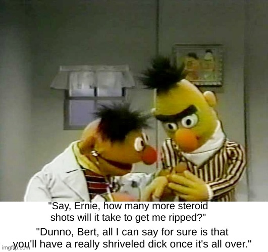 Ernie on Steroids | "Say, Ernie, how many more steroid shots will it take to get me ripped?"; "Dunno, Bert, all I can say for sure is that you'll have a really shriveled dick once it's all over." | image tagged in hilarious,bert and ernie,steroids,dick | made w/ Imgflip meme maker