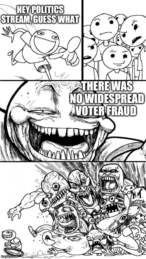 Railing against the completely legitimate results won't change the facts or outcome. | HEY POLITICS STREAM, GUESS WHAT; THERE WAS NO WIDESPREAD VOTER FRAUD | image tagged in memes,hey internet | made w/ Imgflip meme maker