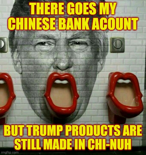 Donald Trump Urinal | THERE GOES MY CHINESE BANK ACOUNT BUT TRUMP PRODUCTS ARE   STILL MADE IN CHI-NUH | image tagged in donald trump urinal | made w/ Imgflip meme maker