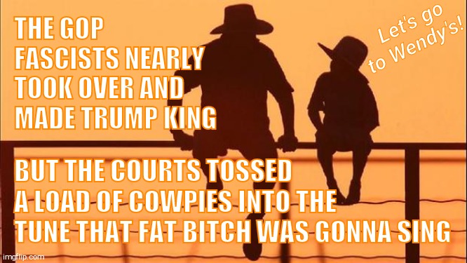 Cowboy father and son | BUT THE COURTS TOSSED    A LOAD OF COWPIES INTO THE TUNE THAT FAT BITCH WAS GONNA SING THE GOP FASCISTS NEARLY TOOK OVER AND MADE TRUMP KING | image tagged in cowboy father and son | made w/ Imgflip meme maker