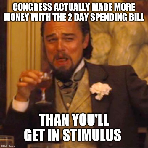 Politics and stuff | CONGRESS ACTUALLY MADE MORE MONEY WITH THE 2 DAY SPENDING BILL; THAN YOU'LL GET IN STIMULUS | image tagged in memes,laughing leo | made w/ Imgflip meme maker