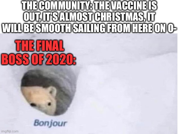 Watch God chuck another meteor at us | THE COMMUNITY: THE VACCINE IS OUT, IT’S ALMOST CHRISTMAS, IT WILL BE SMOOTH SAILING FROM HERE ON O-; THE FINAL BOSS OF 2020: | image tagged in bonjour,2020 | made w/ Imgflip meme maker