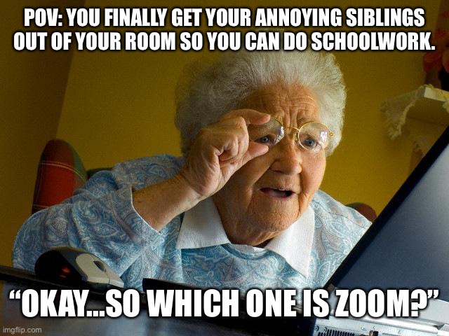 Grandma Finds The Internet Meme | POV: YOU FINALLY GET YOUR ANNOYING SIBLINGS OUT OF YOUR ROOM SO YOU CAN DO SCHOOLWORK. “OKAY...SO WHICH ONE IS ZOOM?” | image tagged in memes,grandma finds the internet | made w/ Imgflip meme maker