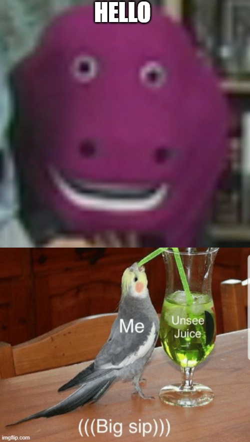When people see Barney | HELLO | image tagged in unsee juice,barney the dinosaur | made w/ Imgflip meme maker