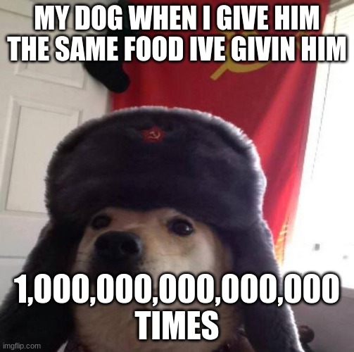 communist dog | MY DOG WHEN I GIVE HIM THE SAME FOOD IVE GIVIN HIM; 1,000,000,000,000,000 TIMES | image tagged in russian doge | made w/ Imgflip meme maker