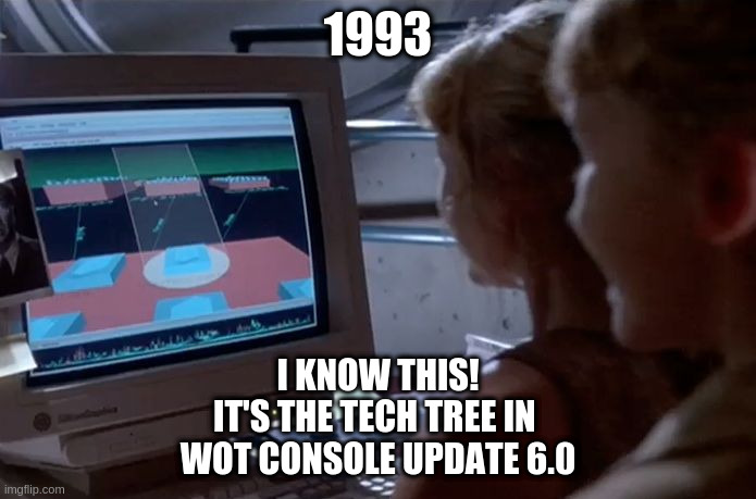 Jurassic Park Unix System | 1993; I KNOW THIS!
IT'S THE TECH TREE IN 
WOT CONSOLE UPDATE 6.0 | image tagged in jurassic park unix system | made w/ Imgflip meme maker