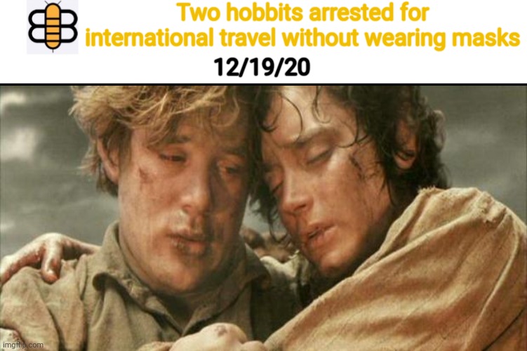 They complied and put on masks given to them by the orcs of Barad-Dur, although they would've preferred ones from Minas Morgul |  Two hobbits arrested for international travel without wearing masks; 12/19/20 | made w/ Imgflip meme maker