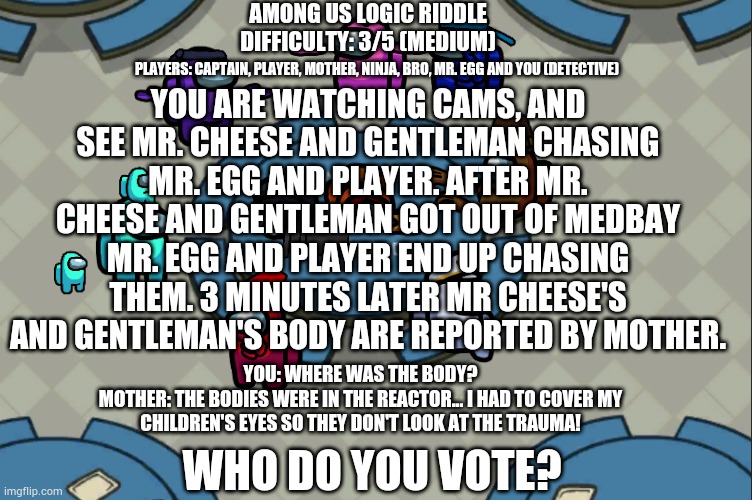 Among Us riddle (AMONG US LOGIC EDITION!) | AMONG US LOGIC RIDDLE
DIFFICULTY: 3/5 (MEDIUM); YOU ARE WATCHING CAMS, AND SEE MR. CHEESE AND GENTLEMAN CHASING MR. EGG AND PLAYER. AFTER MR. CHEESE AND GENTLEMAN GOT OUT OF MEDBAY MR. EGG AND PLAYER END UP CHASING THEM. 3 MINUTES LATER MR CHEESE'S AND GENTLEMAN'S BODY ARE REPORTED BY MOTHER. PLAYERS: CAPTAIN, PLAYER, MOTHER, NINJA, BRO, MR. EGG AND YOU (DETECTIVE); YOU: WHERE WAS THE BODY?
MOTHER: THE BODIES WERE IN THE REACTOR... I HAD TO COVER MY CHILDREN'S EYES SO THEY DON'T LOOK AT THE TRAUMA! WHO DO YOU VOTE? | made w/ Imgflip meme maker