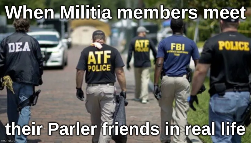 When Militia meet their Parler friends IRL | When Militia members meet; their Parler friends in real life | image tagged in dea atf fbi police,militia,parler,fbi,atf,reality | made w/ Imgflip meme maker