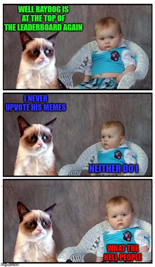 Nothing like trolling yourself for a change... |  WELL RAYDOG IS AT THE TOP OF THE LEADERBOARD AGAIN; I NEVER UPVOTE HIS MEMES; NEITHER DO I; WHAT THE HELL PEOPLE | image tagged in dad joke cat,memes,trolling,funny,grumpy cat | made w/ Imgflip meme maker