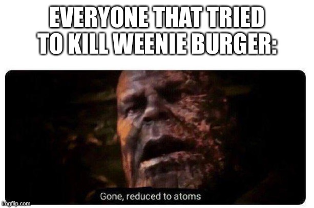 gone reduced to atoms | EVERYONE THAT TRIED TO KILL WEENIE BURGER: | image tagged in gone reduced to atoms | made w/ Imgflip meme maker