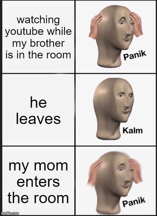 Panik Kalm Panik Meme | watching youtube while my brother is in the room; he leaves; my mom enters the room | image tagged in memes,panik kalm panik | made w/ Imgflip meme maker