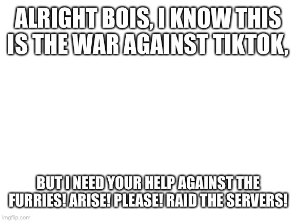 Blank White Template | ALRIGHT BOIS, I KNOW THIS IS THE WAR AGAINST TIKTOK, BUT I NEED YOUR HELP AGAINST THE FURRIES! ARISE! PLEASE! RAID THE SERVERS! | image tagged in blank white template | made w/ Imgflip meme maker