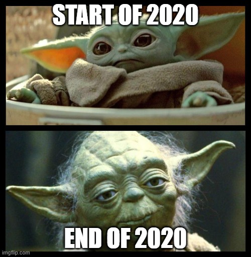 baby yoda | START OF 2020; END OF 2020 | image tagged in baby yoda | made w/ Imgflip meme maker